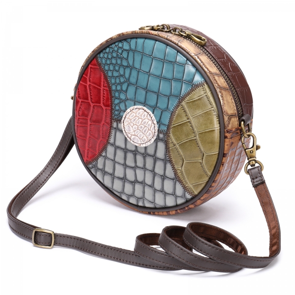 Patchwork Bag Colorful Crossbody Bag for Women Genuine Leather Round Bag