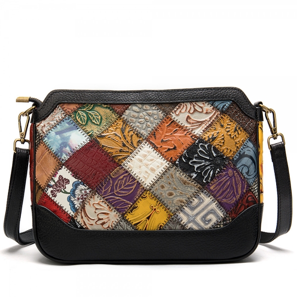 Vintage Patchwork Bag Genuine Leather Shoulder Bag for Women Colorful Crossbody Bag