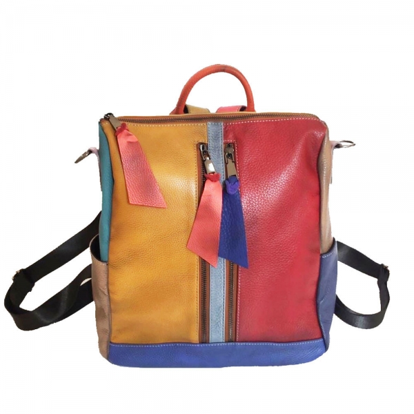 Patchwork Bag Colorful Backpack for Women Genuine Leather Laptop Bag Travel Backpack