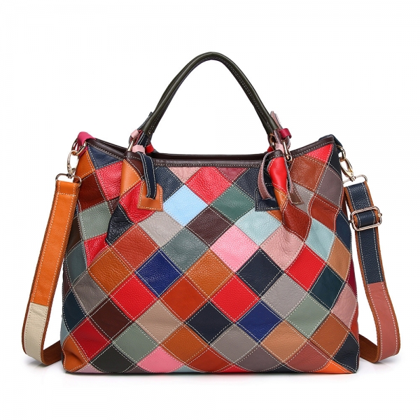 Patchwork Bag Colorful Purse for Women Leather Tote Bag Vintage Handbag