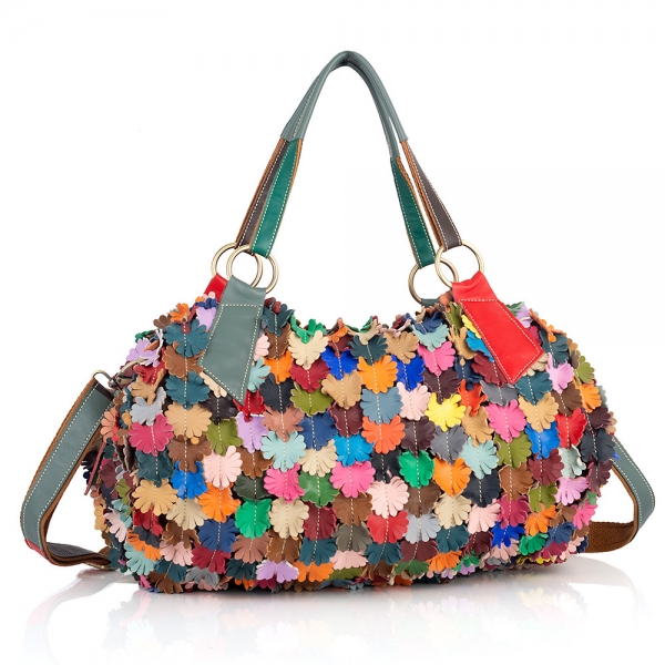 Patchwork Bag Colorful Tote Bag Flowers Leather Shoulder Bag for Women Travel Bag