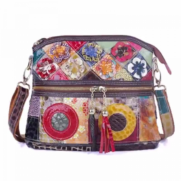 Patchwork Bag Colorful Crossbody Bag for Women Genuine Leather Shoulder Bag