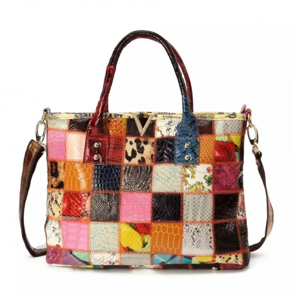 Patchwork Bag Colorful Purse for Women Leather Tote Bag Vintage Handbag 100403