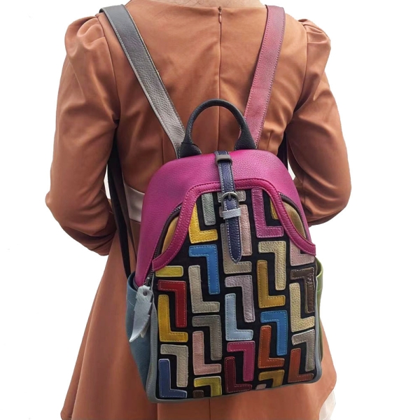 Patchwork Backpack for Women Colorful Bag, Genuine Leather Backpack, Vintage Backpack 100405