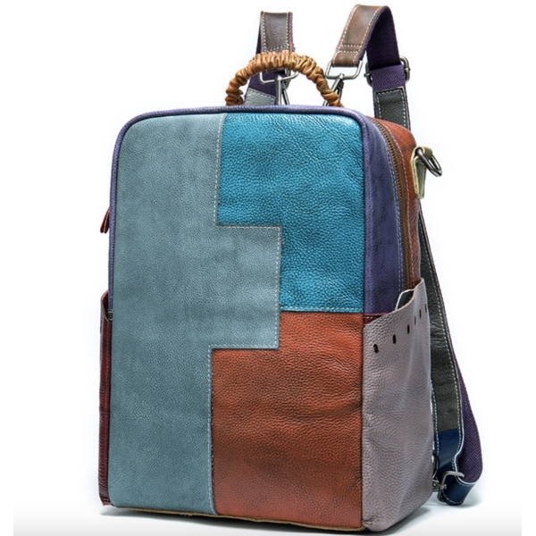 Colorful Patchwork Backpack, Women Genuine Leather Laptop Backpack, Travel Backpack 100406