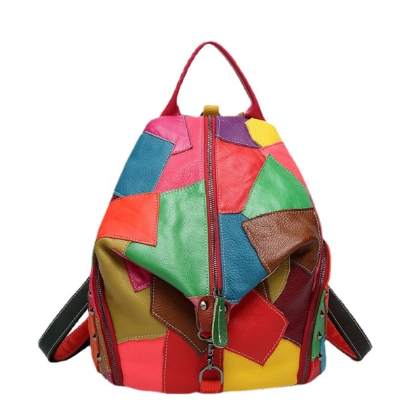 Colorful Patchwork Backpack for Women, Leather Laptop Backpack, Colorful Travel Backpack 100505