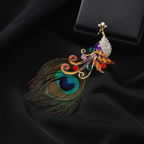 Unique Peacock Brooch with Feather and Diamonds Clothing Accessories