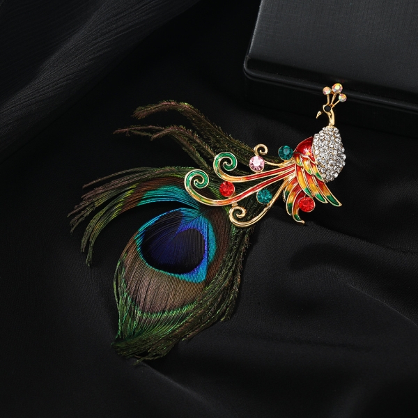 Unique Peacock Brooch with Feather and Diamonds Clothing Accessories
