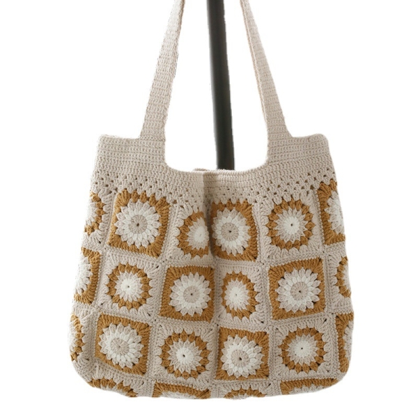 Granny Square Bag, Crochet Handle Bag, Crochet Bag, Colorful Bag, Boho Bag, Shoulder Bag, Beige Bag, Patchwork Bag, Gift for her