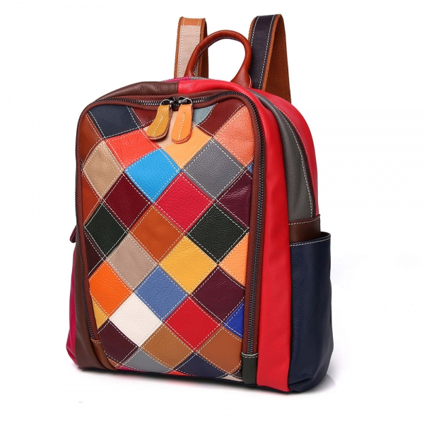 Patchwork Backpack Colorful Bag in Vantage Style Genuine Leather Backpack for Women