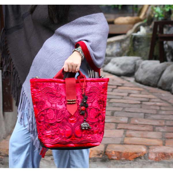 Vintage Embroidery Tote Bag for Women Canvas Shoulder Bag Red