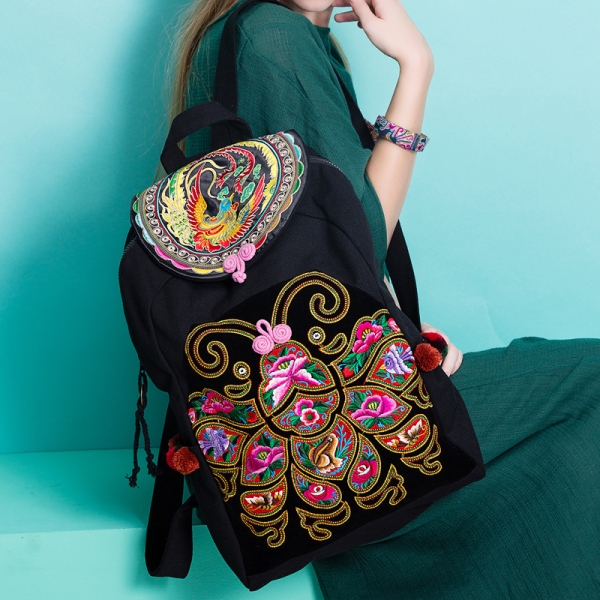 Women's Backpack with Embroidery Ethnic Canvas Backpack Bee