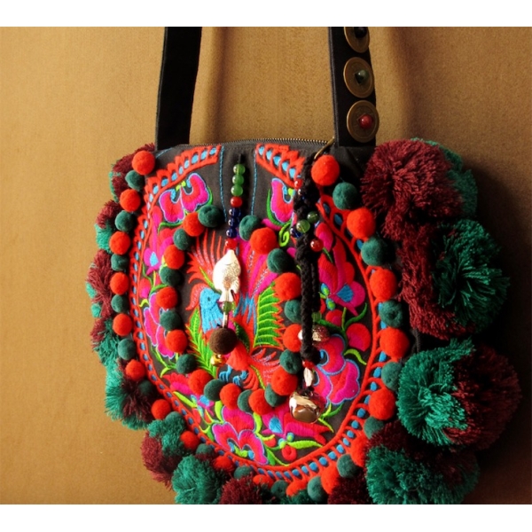 Vintage Embroidery Crossbody Bag for Women Ethnic Shoulder Bag Round Bag