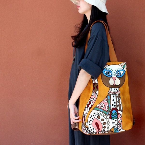 Ethnic Shoulder Bag for Women Embroidery Backpack Cat