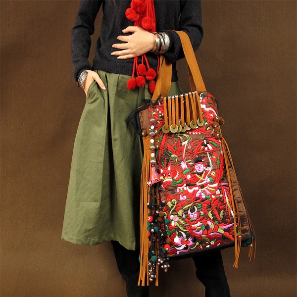 Vintage Embroidery Shoulder Bag for Women Ethnic Handbag Big Travel Bag