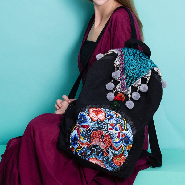 Handmade Vintage Hmong Embroidery Backpack for Women Ethnic Backpack Blue
