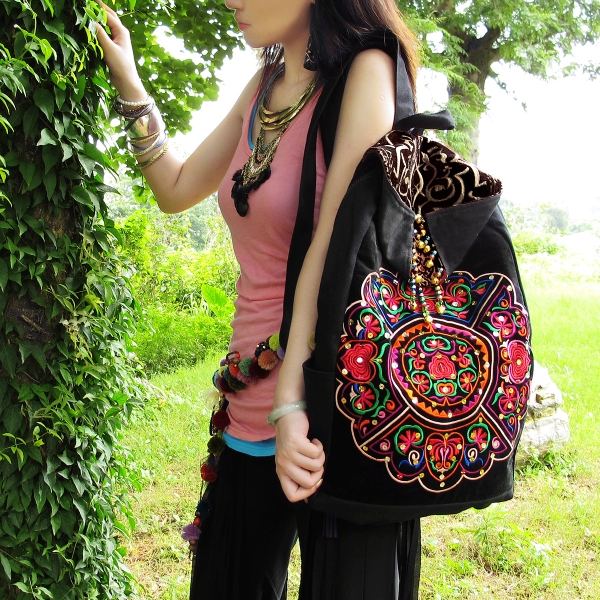 Vintage Hmong Embroidery Backpack for Women Ethnic Backpack Travel Bag Red