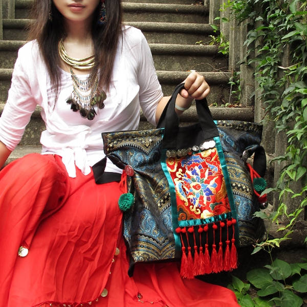 Vintage Hmong Embroidery Tote Bag for Women Ethnic Crossbody Bag Colorful