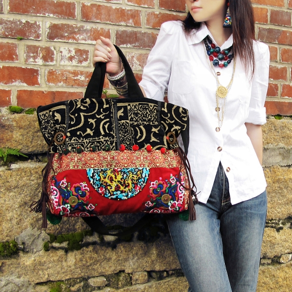 Women's Tote Bag with Hmong Embroidery, Vintage Ethnic Crossbody Bag Colorful Beads