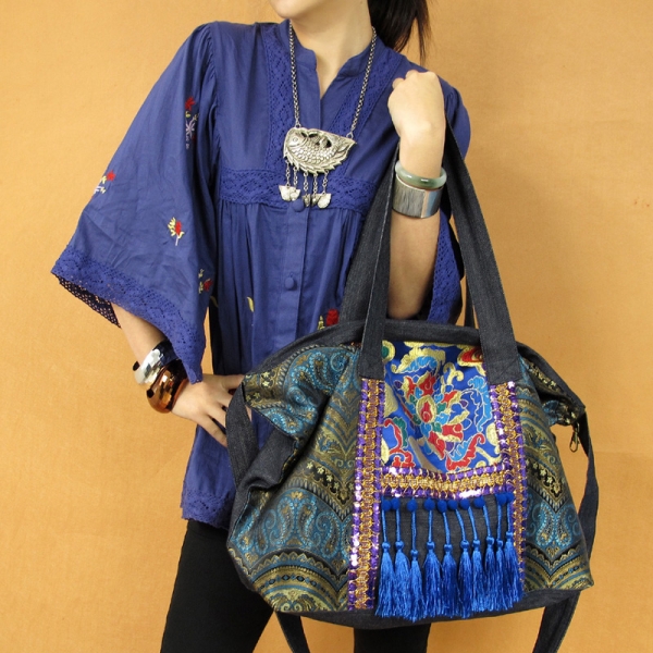 Vintage Hmong Embroidery Shoulder Bag for Women Ethnic Crossbody Bag Denim Travel Bag Blue
