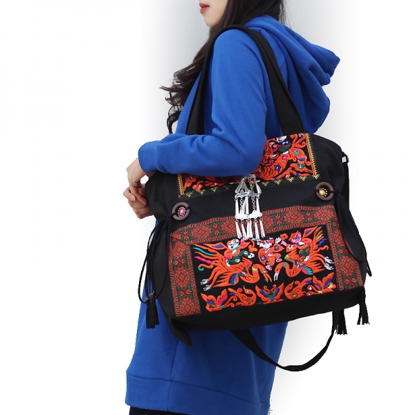 Hmong Embroidery Shoulder Bag for Women Ethnic Crossbody Bag with Silver Flowers Orange