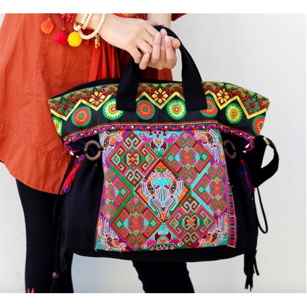 Vintage Hmong Embroidery Tote Bag for Women Ethnic Crossbody Bag