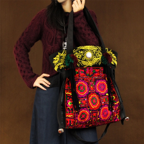 Behamia Hmong Embroidery Shoulder Bag for Women Ethnic Crossbody Bag Denim Travel Bag