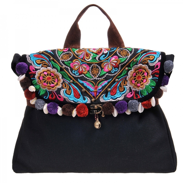 Handmade Hmong Embroidery Tote Bag for Women Ethnic  Vintage Shoulder Bag with Shell