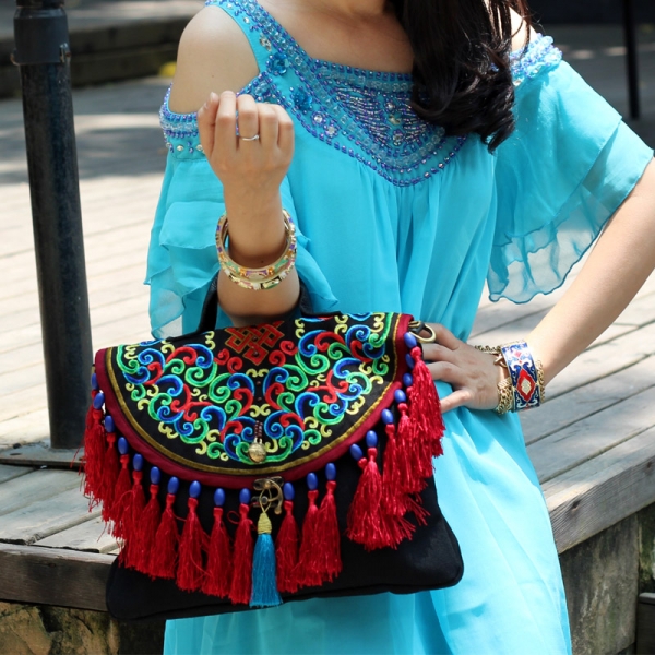 Hmong Embroidery Tote Bag for Women Ethnic Crossbody Bag Vintage Shoulder Bag