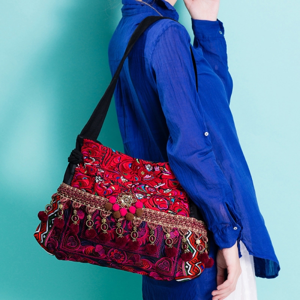 Hmong Embroidery Shoulder Bag for Women Handmade Ethnic Travel Bag Red