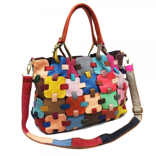 Colorful Patchwork Bag for Women Genuine Leather Shoulder Bag Large Handbag