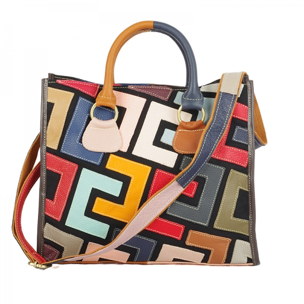 Color Stitching Genuine Leather Tote Bag for Women, Original Design Bag