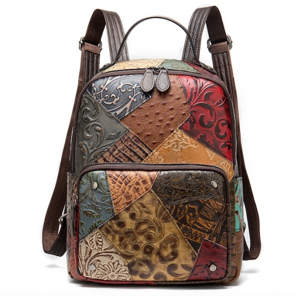 Handmade Patchwork Leather Backpack for Women Genuine Leather Laptop Bag Travel Backpack