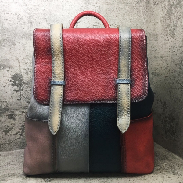Patchwork Bag Colorful Backpack for Women Genuine Leather Laptop Bag Travel Backpack Red